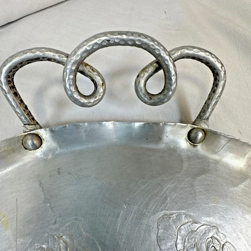 Vintage Aluminum Tray  Forged Hammered Floral Design  Serving Tray  USA